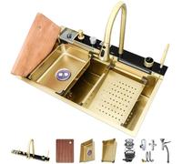 ZQFHSX Fregadero de Cocina Multifuncional de Acero Inoxidable Dorado con un Solo Seno, diseño Cascada, Grifo Integrado, Cesta de Drenaje, Lavabo y lavavasos (Color: Dorado, Tamaño: 68x45x