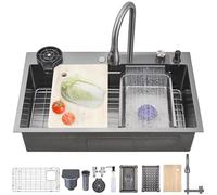 ZQFHSX Fregadero de Cocina Multifuncional de Acero Inoxidable Negro-Gris de 66 x 50 cm, Moderno de un Solo Seno con Grifo extraíble y lavavasos, Juego Completo de Accesorios para Chefs ca