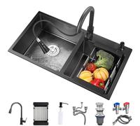 ZQFHSX Fregadero de Cocina Multifuncional de Doble Cuba de Acero Inoxidable Negro, con Grifo Extraíble, Cesta de goteo, Dispensador de Jabón y Componentes de Drenaje (color :,