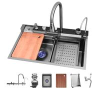 ZQFHSX Fregadero de Cocina Multifuncional de un Solo Seno de Acero Inoxidable con Grifo extraíble Tipo Cascada y Juego Completo de Accesorios.