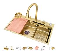 ZQFHSX Fregadero de Cocina Multiusos de Acero Inoxidable 304 con Cascada, monocilíndrico, para vehículos recreativos, con Grifo extraíble, Montaje Superior o bajo encimera (Color: Gold-b,