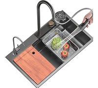 ZQFHSX Fregadero de Cocina Nano Single Bowl Tipo Cascada de Acero Inoxidable 304, Multifuncional, para autocaravanas, con Grifo, empotrable o bajo encimera (Color: Gris Plomo, Tamaño: 68x