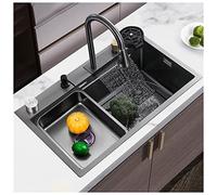 ZQFHSX Fregadero de cocina Nano Waterfall Negro, cubeta única, de acero inoxidable 304, multifunción, para bar, autocaravana, con grifería y tapones, instalación superior o debajo