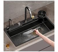 ZQFHSX Fregadero de Cocina Nano Waterfall Negro de Acero Inoxidable 304, monoseno, Barra, multifunción, Hecho a Mano, para caravanas, con Grifo y lavavasos, Montaje Superior o Inferior (C