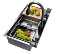 ZQFHSX Fregadero de Cocina Tipo Cascada en Color Gris Oscuro, con Grifo multifunción, lavavasos, Perilla de desagüe, Grifo para Agua Potable y Juego de fregaderos. Fregadero Grande Tipo b