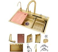 ZQFHSX Fregadero de Cocina Tipo Cascada Nanometer, de Acero Inoxidable, con Barra, multifunción, un Solo Seno, con Grifo y Sistema de Drenaje (Dorado, 80x45x22cm).