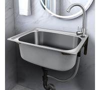 ZQFHSX Fregadero de Pared de un Solo Seno para Cocina Comercial, lavamanos con Grifo de Agua, Acero Inoxidable, para lavandería Interior, Garaje, Restaurante (55 x 40 cm)
