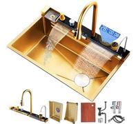 ZQFHSX Fregadero Doble Cascada Dorado con Pantalla LED, lavavasos, dispensador de jabón y Mezclador con Controles de encimera - Estación de Trabajo de Cocina Premium (80 x 46 x 22 cm)