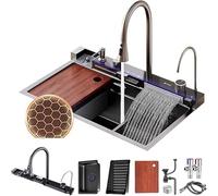 ZQFHSX Fregadero Doble Cascada Gris con Pantalla LED, Mezclador, dispensador de jabón y lavavasos. Elegantes Controles de encimera (90 x 50 x 22 cm) para cocinas Modernas.