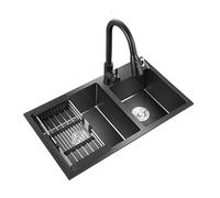 ZQFHSX Fregadero Doble Cuadrado de Acero Inoxidable Negro para Cocina, empotrable bajo encimera con dispensador de jabón, 2 Orificios para grifería, Ideal para autocaravanas, Montaje sobr