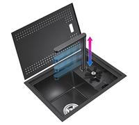 ZQFHSX Fregadero Individual Negro Oculto para Cocina, Mini Bar, Uso doméstico y Comercial con lavavasos y Grifo elevable, Ahorra Espacio, pequeño y práctico.
