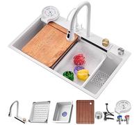 ZQFHSX Fregadero Monomando de Acero Inoxidable Multifuncional con Efecto Cascada, Superficie de Trabajo Blanca con Revestimiento nanotecnológico, Grifo extraíble, Cesta de escurrido y lav