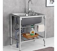 ZQFHSX Fregadero utilitario de un Solo Seno de Acero Inoxidable para Cocina Comercial con Grifo de Agua fría y Caliente para lavandería, Patio Trasero, Garaje, Camping, estación de trabaj