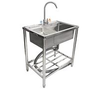 ZQFHSX Fregadero utilitario Individual de Acero Inoxidable, Independiente, para Uso Comercial, Restaurante o Exterior, con Grifo de Agua fría y Caliente, Ideal para Garaje, Cocina o lavad