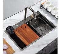 ZQFHSX Grifo Cascada para Fregadero de Cocina de Acero Inoxidable - Lavabo Comercial Multifuncional para Verduras para el hogar, Restaurante y Escuela, 75 x 45 x 22 cm, Acabado Negro