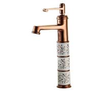 ZQFHSX Grifo de baño Vintage Monomando con Diamantes de imitación, Agua Caliente y fría, Flor de cerámica + Cuerpo de Cobre, Acabado en Oro Rosa, Elegante Grifo de Lavabo para decoración