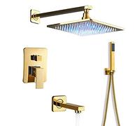 ZQFHSX Juego de Ducha mezcladora LED Rain Gold, Grifo de baño Monomando de Pared con Cabezal, Ducha de Mano y caño de bañera de 10 Pulgadas, A, 12 Vueltas