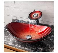 ZQFHSX Lavabo de baño de Vidrio Templado Rojo Fundido en Caliente con Forma artística, Lavabo Ovalado, Juego de Lavado y Grifo Combinado