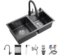 ZQFHSX Om Black Nano Fregadero de Cocina con Doble Cuba, Multifuncional, de Acero Inoxidable, con Grifo Extraíble, Cesta de Drenaje Dispensador de Jabón y Sistema de Drenaje (Cou