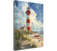 ZQQART Lienzo decorativo para pared, diseño de faro, océano, diseño de rayas rojas, cuadro costero, playa, océano, barco, gaviotas, arte rústico (30 x 45 cm)