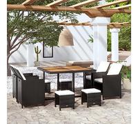 ZQQLVOO Juego de muebles de jardín de 9 piezas, de poliratán, madera de acacia, color negro