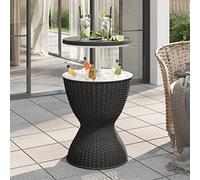 ZQQLVOO Mesa 3 en 1 con enfriador de hielo negro de polipropileno con aspecto de ratán para fiestas en el jardín, mesa de centro resistente con nevera integrada y tapón de drenaje, mesa auxiliar