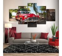 ZQSYFEWET Abstractos Modernos Lienzos Decorativos Cuadros Decoracion Salon Modernos 5 Piezas Coche cubano rojo: vacaciones en un paisaje tropical Laminas Para Cuadros Para Dormitorios Pared Lienzo