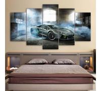 ZQSYFEWET Abstractos Modernos Lienzos Decorativos Cuadros Decoracion Salon Modernos 5 Piezas Coche de carreras Lamborghi echando humo Laminas Para Cuadros Para Dormitorios Pared Lienzo