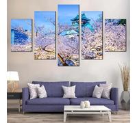 ZQSYFEWET Cuadros Grandes Dimensiones Cuadro en Lienzo 5 Piezas Castillo de Osaka Japón Árboles de cerezo Cielo azul Murales Decorativos Pared Cuadros Decoracion Salon Dormitorio Cuadros Pared