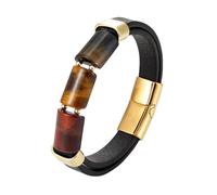 ZQYPENOZ Pulsera Cuero Hombre,Pulsera De Cuero para Hombre con Piedra De Ojo De Tigre Natural De La Suerte Joyería con Cierre Magnético Brazalete Retro Multicapa Accesorios De Joyería Dorados 19 Cm