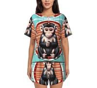 ZQYTGFDC The silent monkey - Conjunto de pijama de manga corta para mujer, ropa de dormir casual, pijama de dos piezas con bolsillos, Negro, 3XL