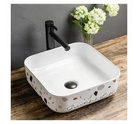 ZR98US 15 x 15.2cm Bathroom Sink Square Porcelain Sink Above Table Top Sink White Ceramic Bowl with Black Faucet and Pop Up Drain