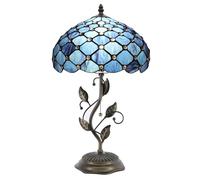ZR98US 19" Stained Glass Style Table with Metal Leaf Base, Bedside Reading Lamp, Bedroom Decoration Suitable for Living Room, Dormitory, Office,(Blue Beads)