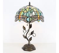 ZR98US 19" Stained Glass Style Table with Metal Leaf Base, Bedside Reading Lamp, Bedroom Decoration Suitable for Living Room, Dormitory, Office,(Brown Dragonfly)