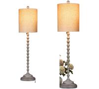 ZR98US 2-Piece Metal Base Textured Linen Shade Table Lamp - Rustic Dining and Entryway Lighter (Black)