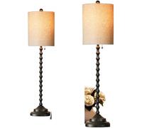 ZR98US 2-Piece Metal Base Textured Linen Shade Table Lamp - Rustic Dining and Entryway Lighter (Black)