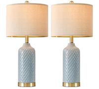 ZR98US 24.25" Ceramic Table with Linen Shade, Bohemian Style Farmhouse Bedside Lamp Bedroom and Suitable for Living Room, Dormitory, Office,(2 Pack Blue)