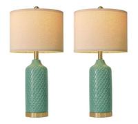 ZR98US 24.25" Ceramic Table with Linen Shade, Bohemian Style Farmhouse Bedside Lamp Bedroom and Suitable for Living Room, Dormitory, Office,(2 Pack Green)