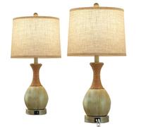 ZR98US Bohemian Rattan Table Lamp - Farmhouse Green, USB Charging & Color Temp Adjust, 2-Pack