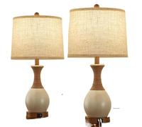 ZR98US Bohemian Rattan Table Lamp with USB A+C Ports, Farmhouse Beige 2-Pack - Versatile for Living Room, Dormitory and Office
