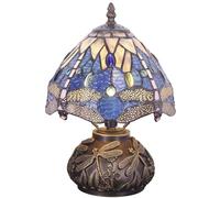 ZR98US Bronze Resin Mushroom Table Lamp with Navy Blue Dragonfly Style Stain Glass Shade - Living Room, Bedroom, Study and More