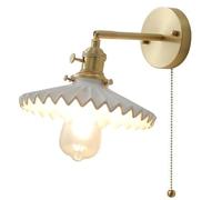 ZR98US Ceramic Pleated, Vintage Pull Chain Light Antique Brass and White Glass Wall Lamp for Bedroom Living Room Bedside