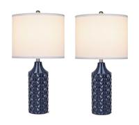 ZR98US Ceramic Table Lamp Set - Navy Blue/White, Three-Speed Dimming, Bedside and Living Room Suitable (White)
