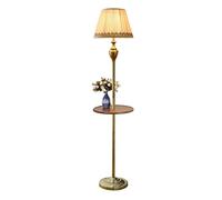 ZR98US Corner American Metal with Wood Shelves Bedroom Fabric Lampshade Standing Lamp Study Reading Light Floor Lamps for Living Room