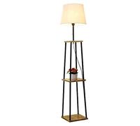 ZR98US Corner Lamp with 3 Layers Wooden Shelf Metal Standing Linen Fabric Lampshade Reading Light Floor Lamps for Living Room
