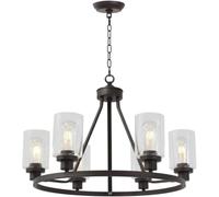 ZR98US Farmhouse Black,6 Lights Wagon Wheel Chandelier,Large Industrial Pendant Light with Clear Glass Lampshade, Chandelier
