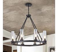 ZR98US Farmhouse Wagon Wheel with Glass Shade, 8 Light Black/Gold Chandelier, Round Kitchen Decorative Hallway Ceiling Lights