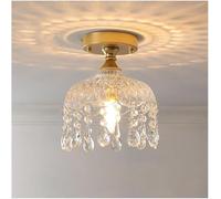 ZR98US Gold Semi Flush Mount Lamp Small Glass Flower Shade Brass Crystal Ceiling Light Fixture, Chandelier