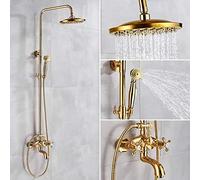 ZR98US Gold Shower Faucet System - Wall Mounted Bath Mixer Tap with 8-Inch Rainfall Shower Head & Hand Shower - Complete Shower Set for Bathroom