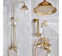 ZR98US Gold Shower Faucet System - Wall Mounted Bath Mixer Tap with 8-Inch Rainfall Shower Head & Hand Shower - Complete Shower Set for Bathroom